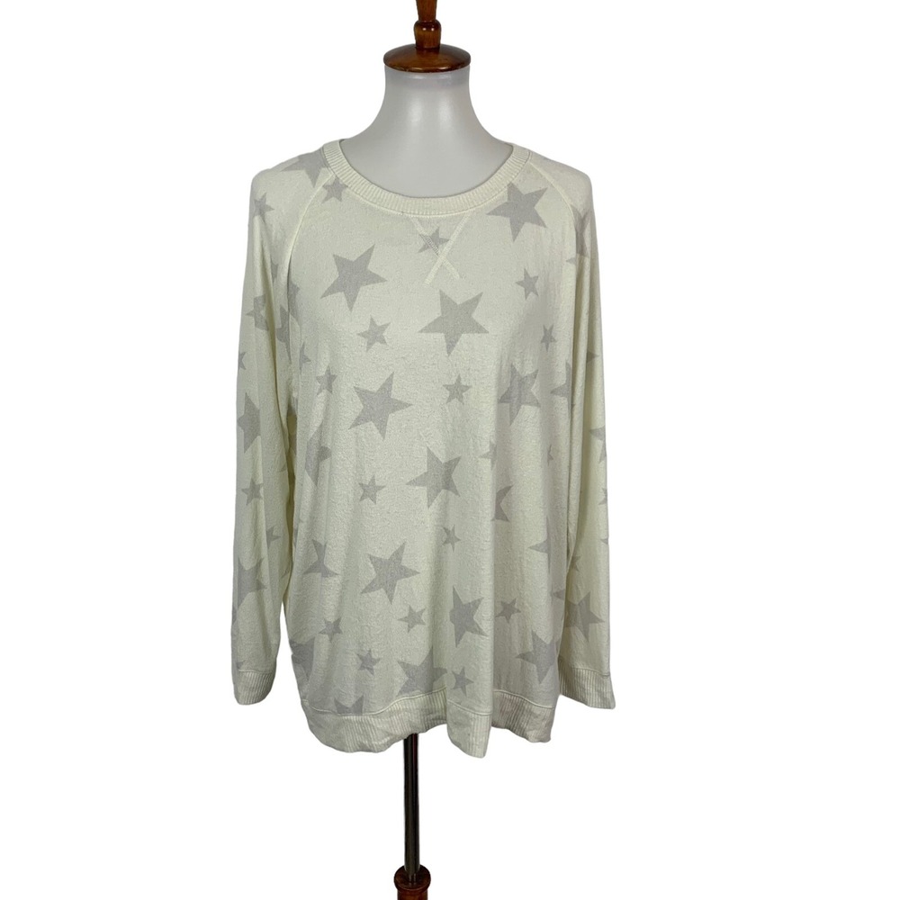 Lucky Brand Cream Star Print Long Sleeve‎ Pullover Sweatshirt 2X Cozy Casual
